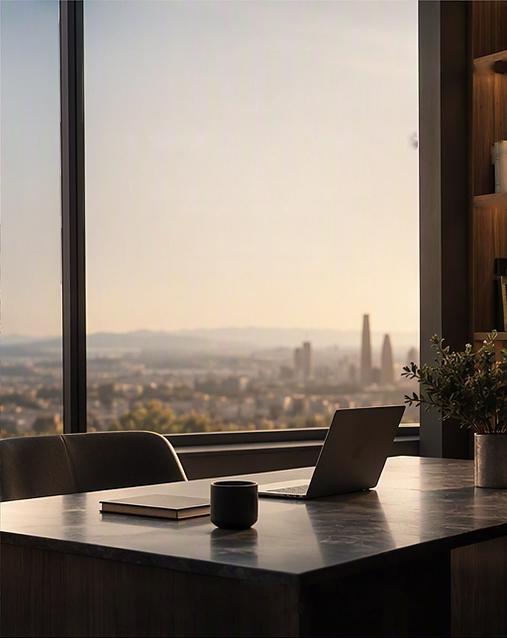 Escritório com vista sobre a cidade ao fim do dia